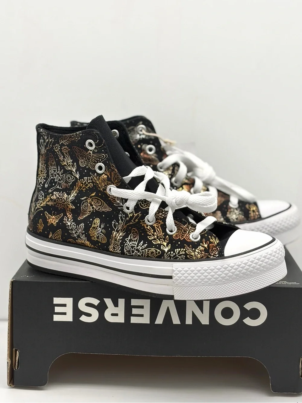Converse Black High-Top All Star Sneakers with Gold Butterfly Print - Picture 2 of 11